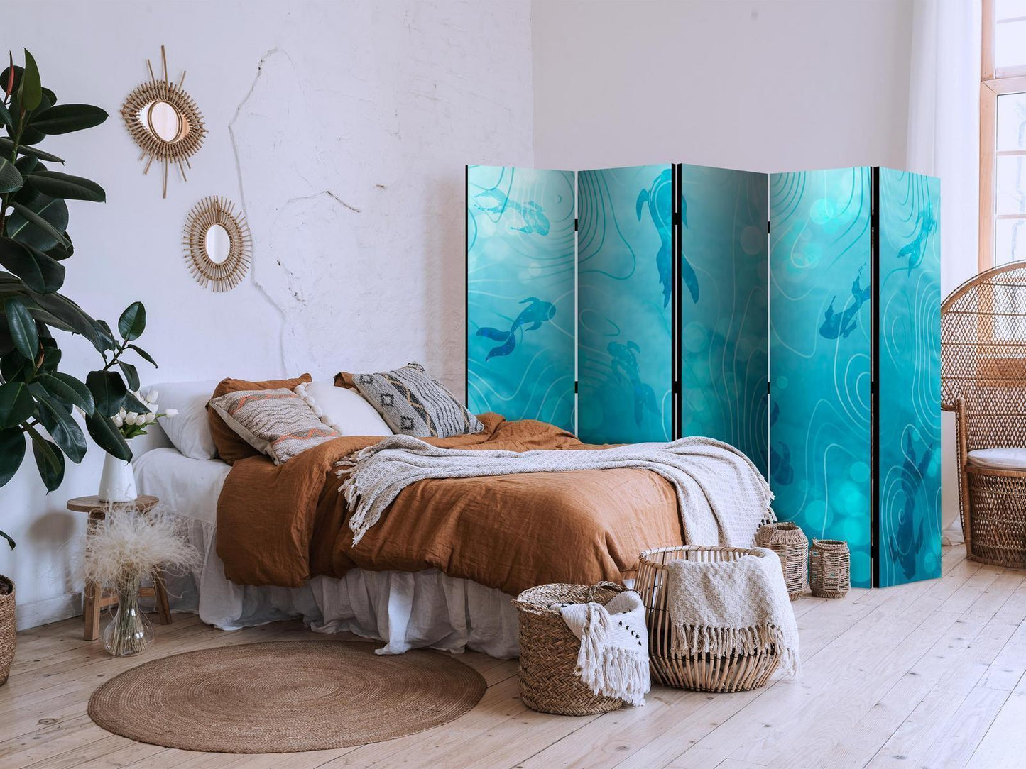 Paravent - Koi Fish Beneath the Water Surface - A Cluster of Japanese Fish in the Depths of the Pond in Shades of Navy and Blue Artgeist