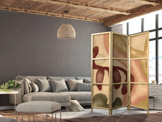 Japanischer Paravent - Worn Figures - Shapes in Lime Wash Technique in Warm Colors