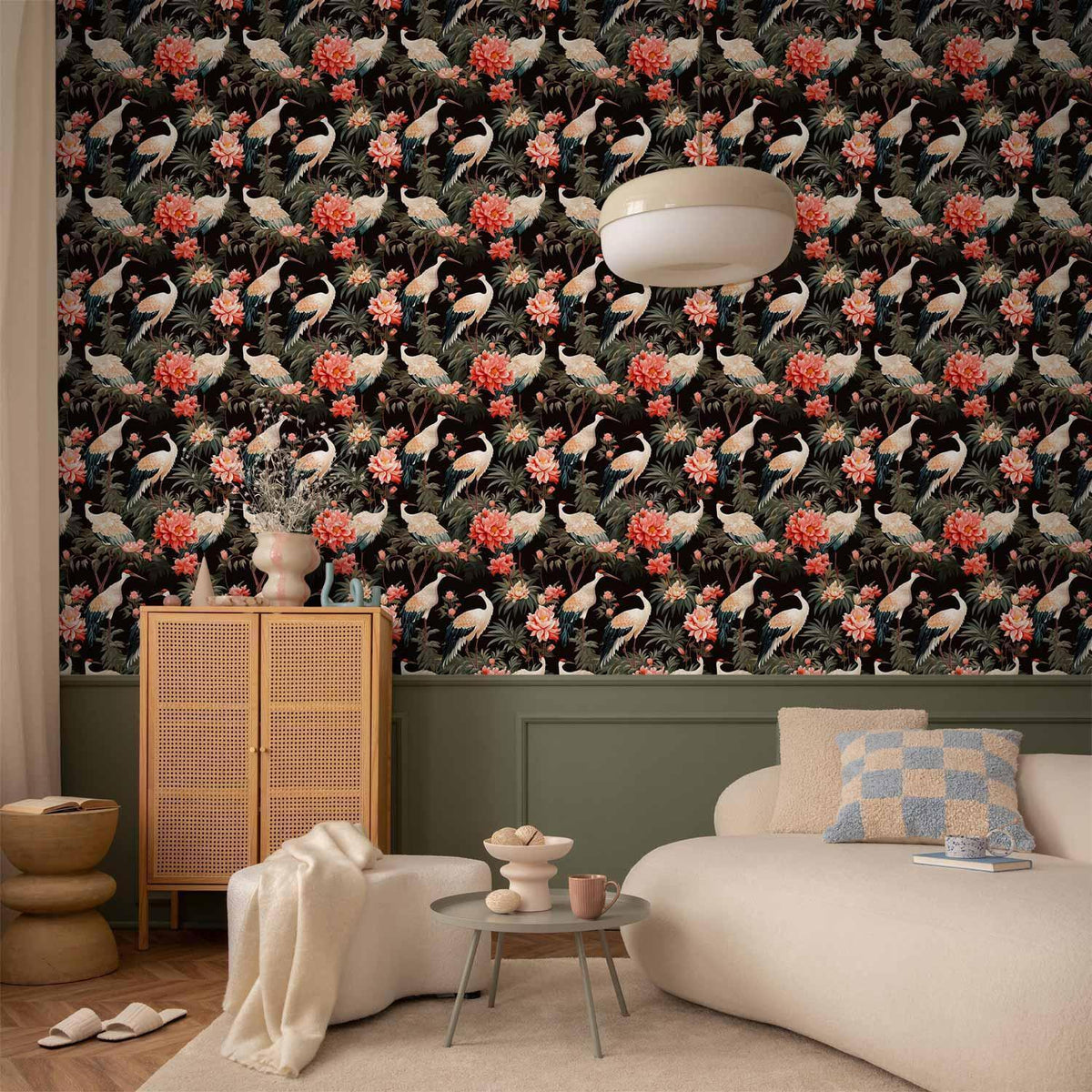 Tapete - Ornament with birds - silhouettes of cranes and peony flowers on a dark background