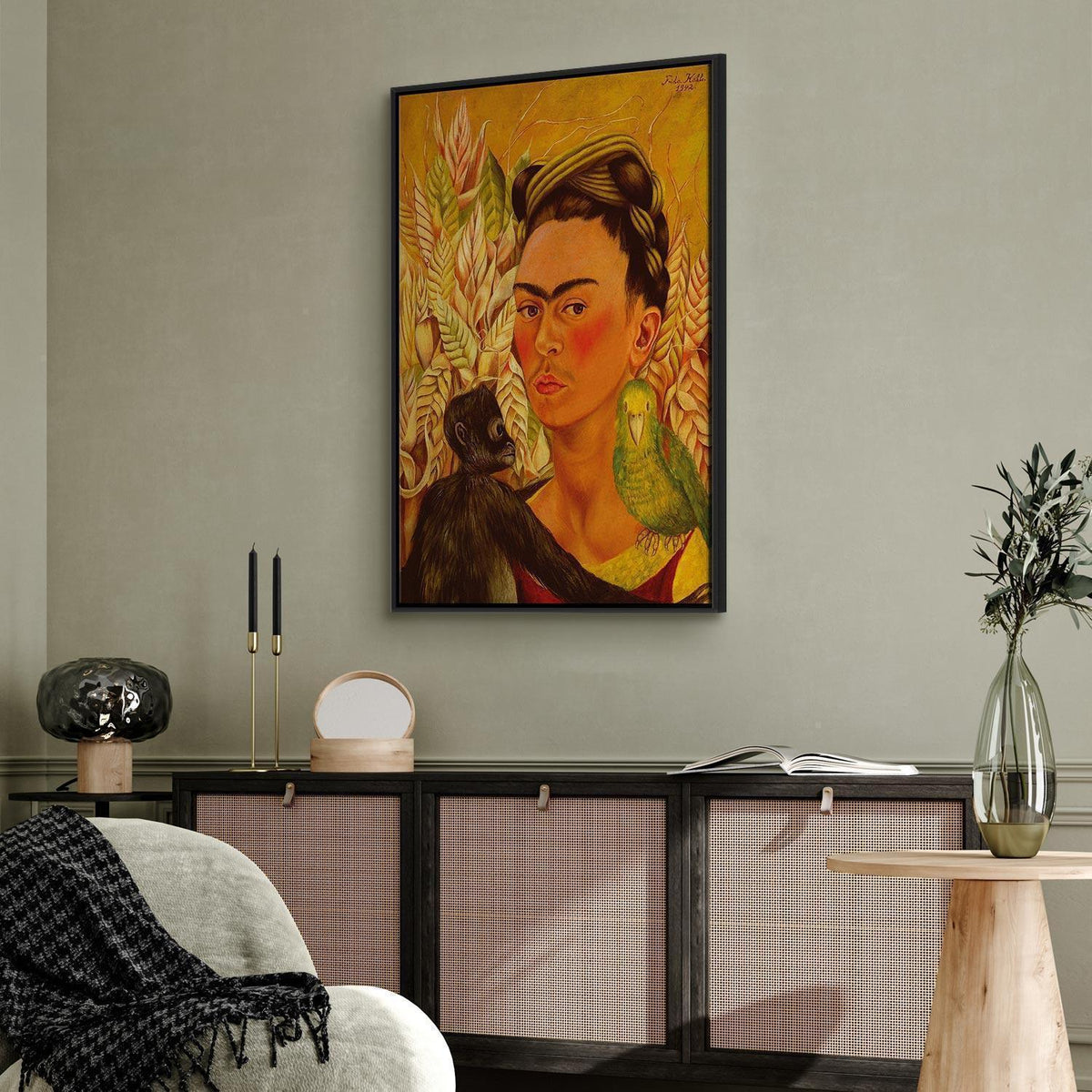 Leinwandbild - Frida Kahlo – Self-Portrait with Monkey and Parrot