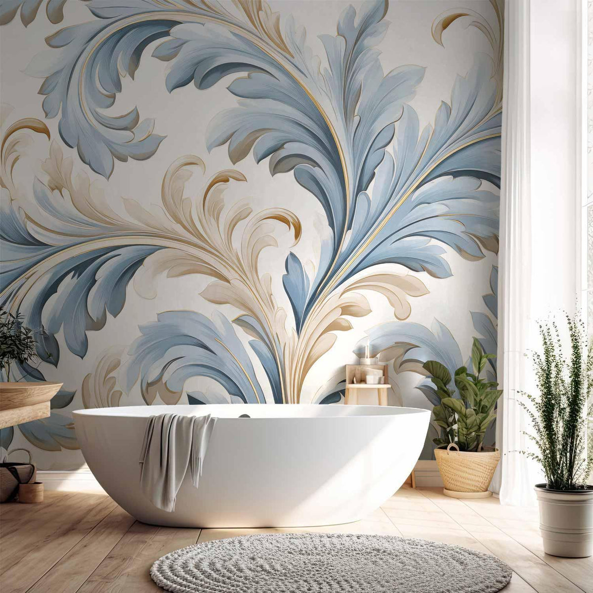 Fototapete - Baroque Ornaments in Light Cream-Blue Hues