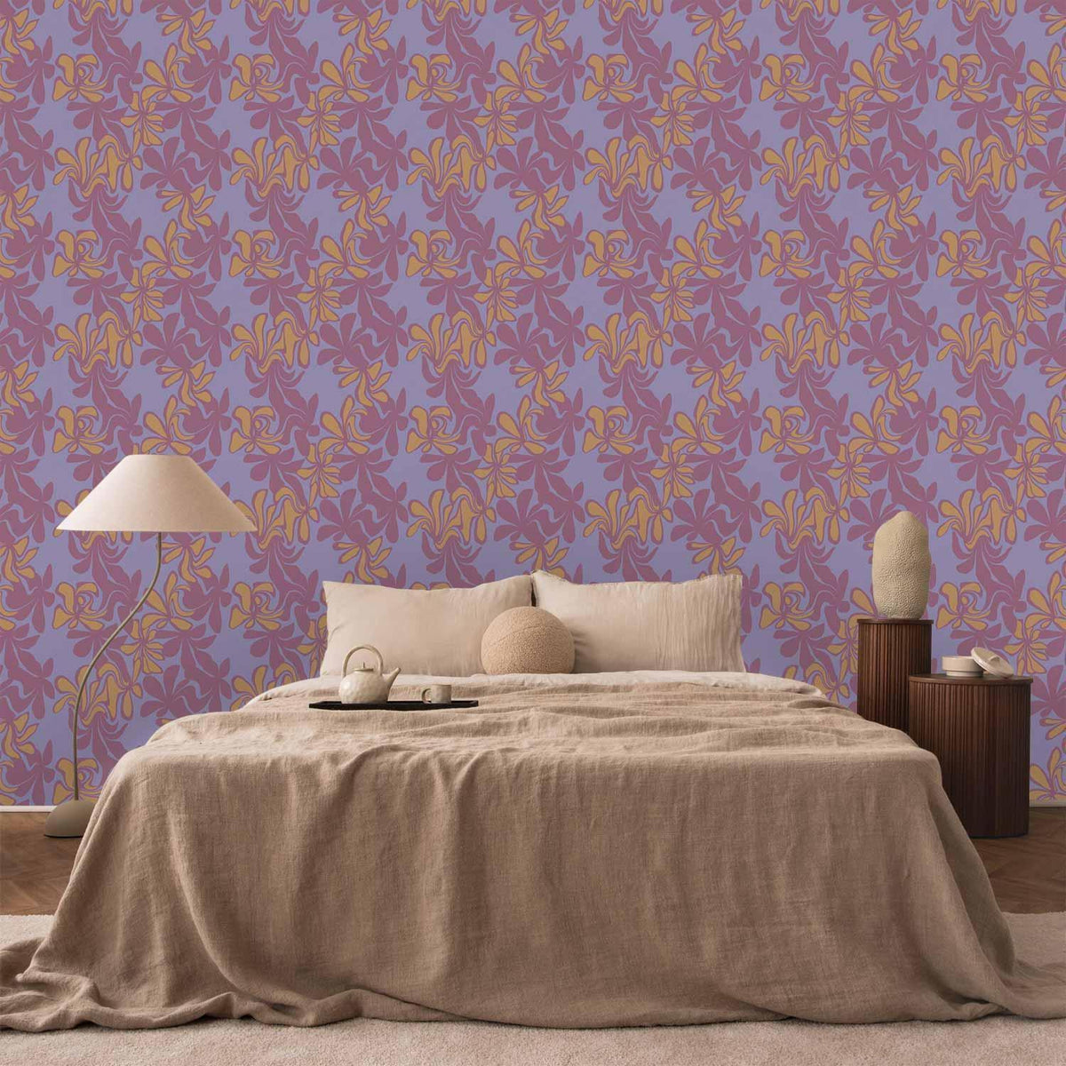 Tapete - Exotic - Two-Tone Flowers - Flowers in purple and orange on a blue background
