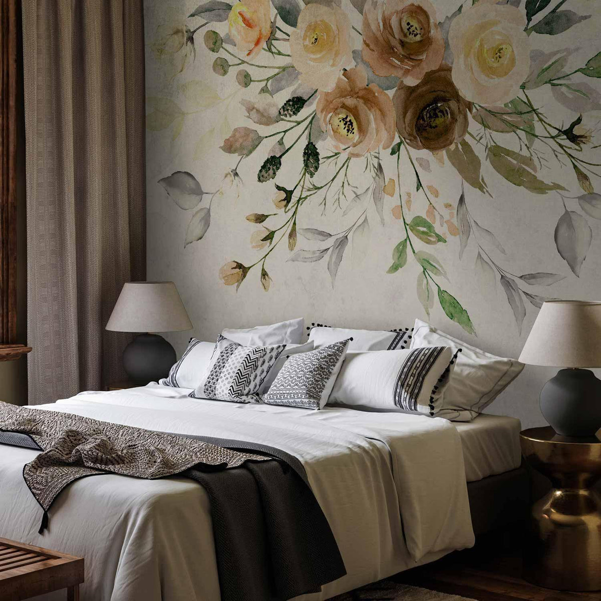 Fototapete - Summer bloom - retro floral motif with flowers and leaves with patterns