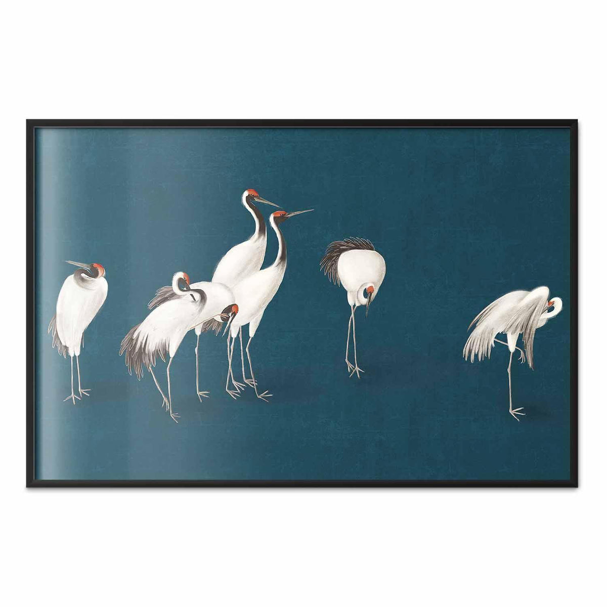 Poster - Evening at the Pond - group of cranes drawn in dry pastel on a dark turquoise background