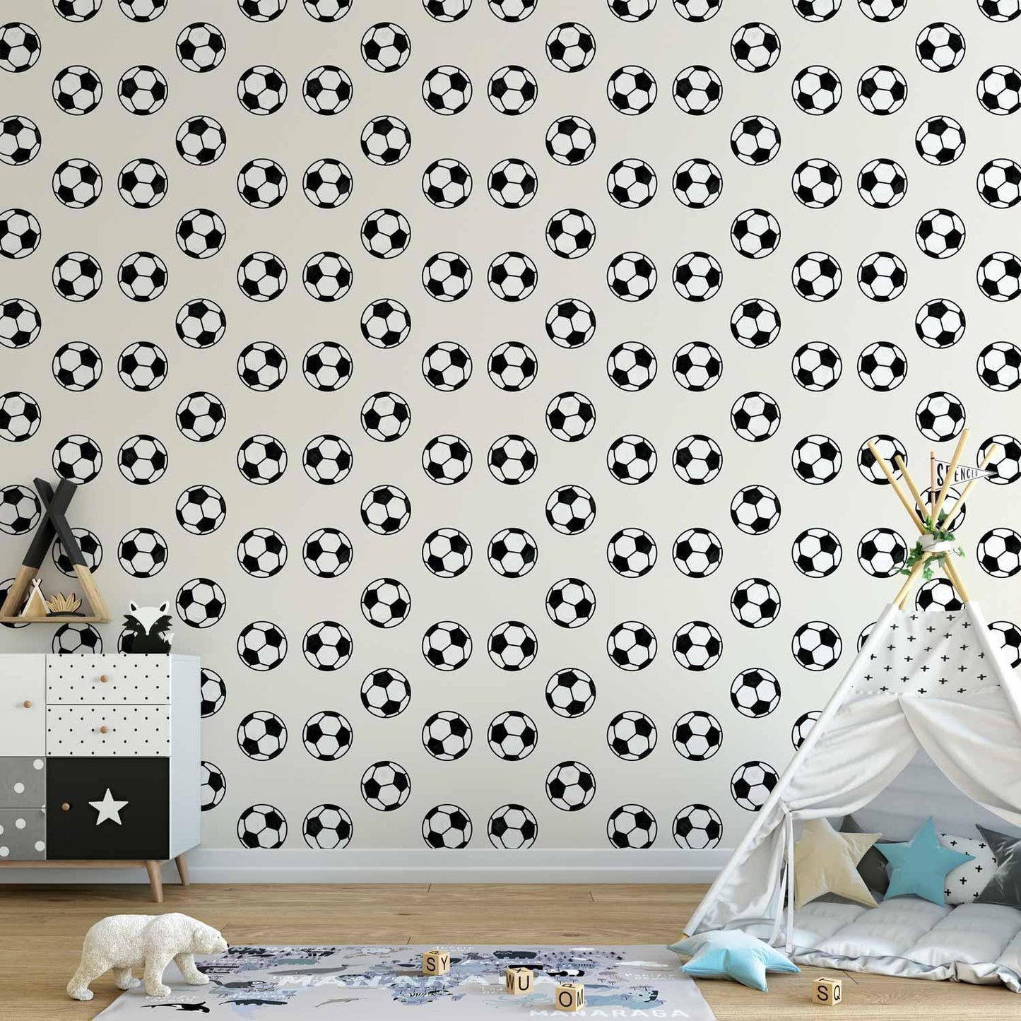 Tapete - Soccer - Symmetrical black-and-white soccer balls on a beige background