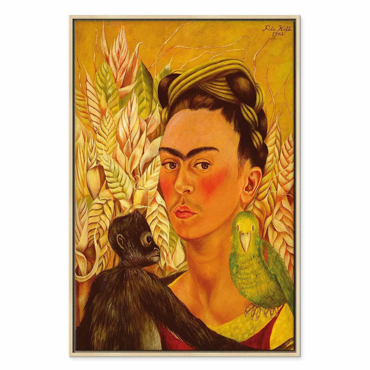 Leinwandbild - Frida Kahlo – Self-Portrait with Monkey and Parrot