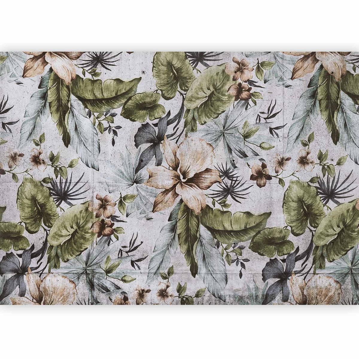 Fototapete - Nature in retro style - jungle landscape with pale leaves and flowers