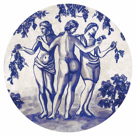 Runde Fototapete - Ancient vineyard - three women in a portal painted with blue ink