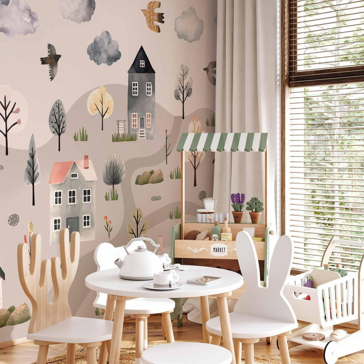 Skandinavisches Bergdorf Aquarell – Pastell Fototapete für Kinderzimmer