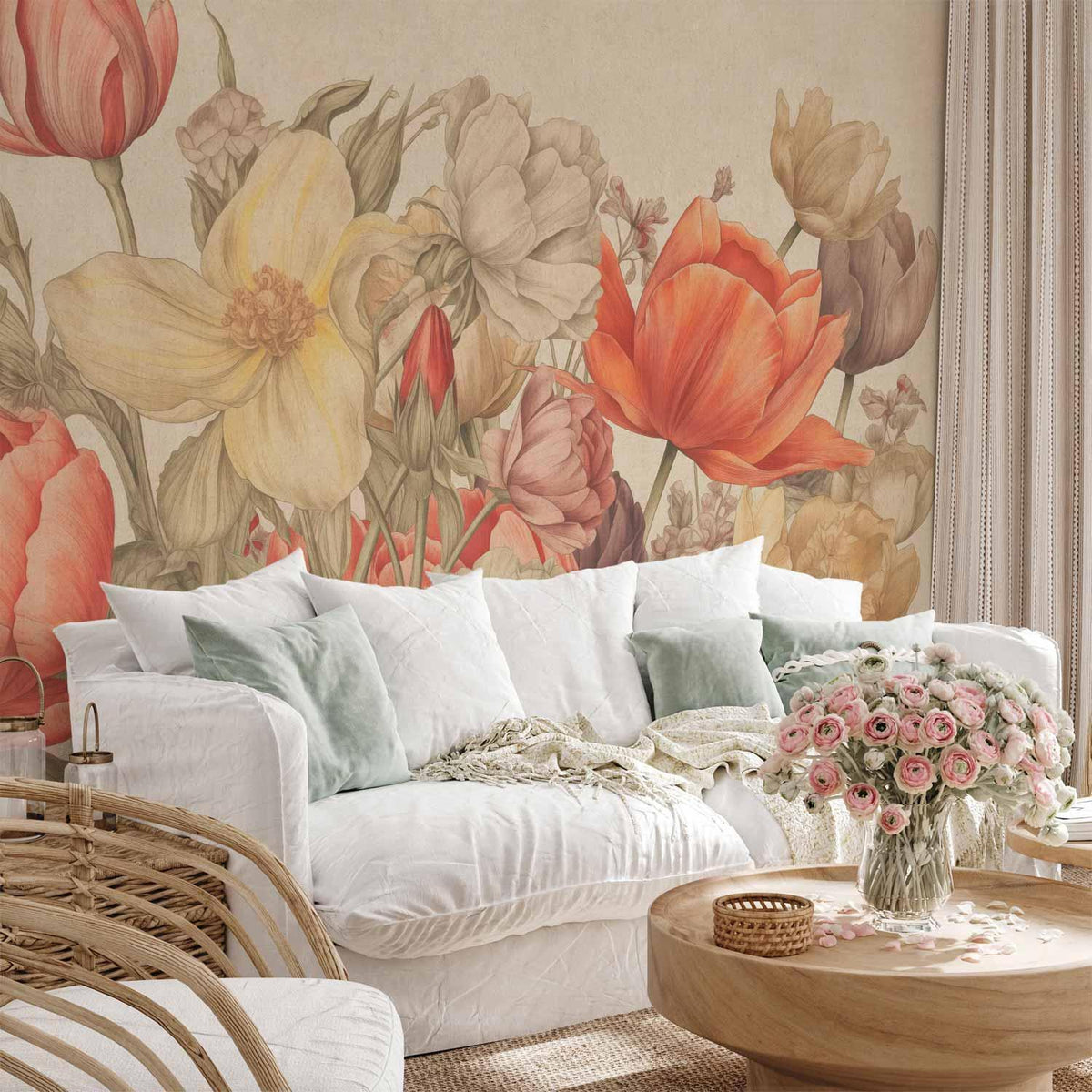 Fototapete Blumenstrauß Beige – Zarte Blüten für Wohnzimmer & Schlafzimmer