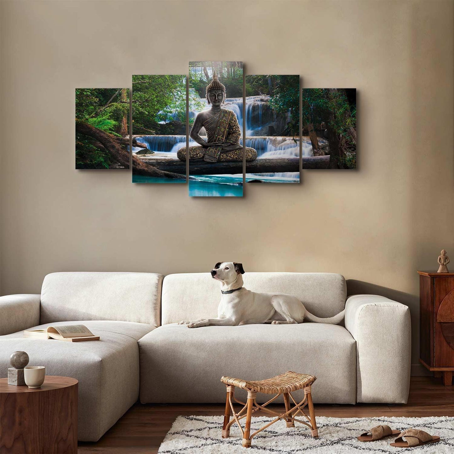 Leinwandbild Wasserfall und Buddha – Harmonie & Zen für dein Zuhause