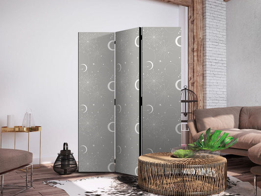 Paravent - Cosmic Fireworks - Elegant Pattern with Moons and Stars on a Gray Background