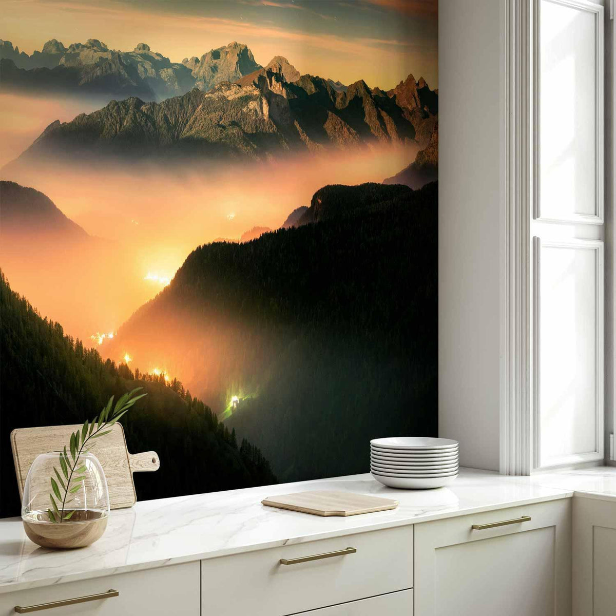 Fototapete Sonnige Berge – Berglandschaft mit Sonnennebel