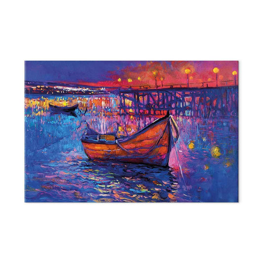 Wandbild XXL - Modern impressionism - night landscape of a lake with a floating boat