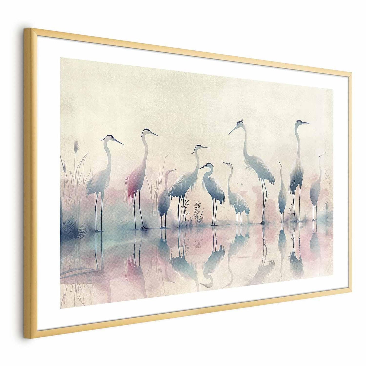 Watercolor herons by the lake poster in gray-pink palette.