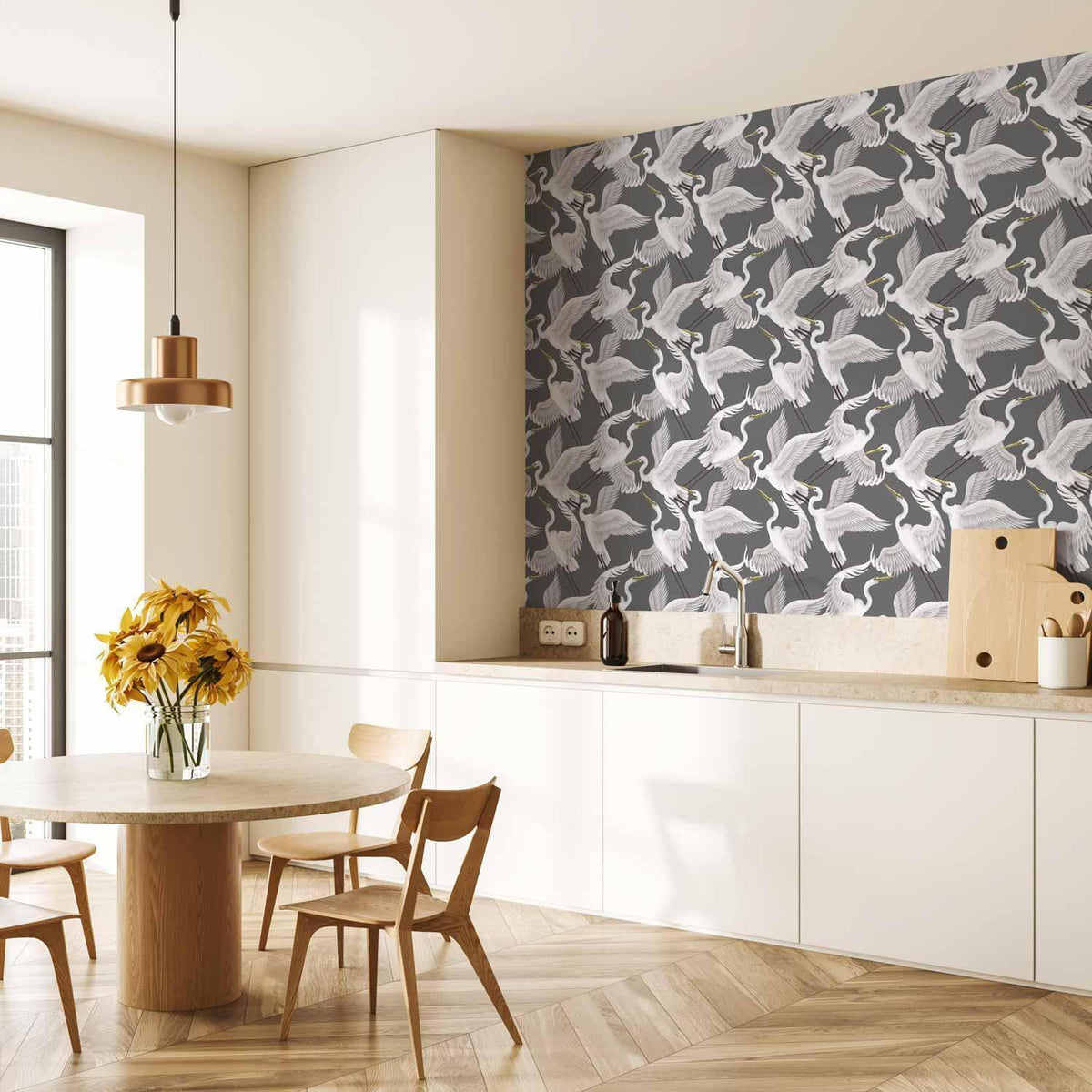 Tapete - Flying birds – a delicate pattern of white and grey herons on a grey background