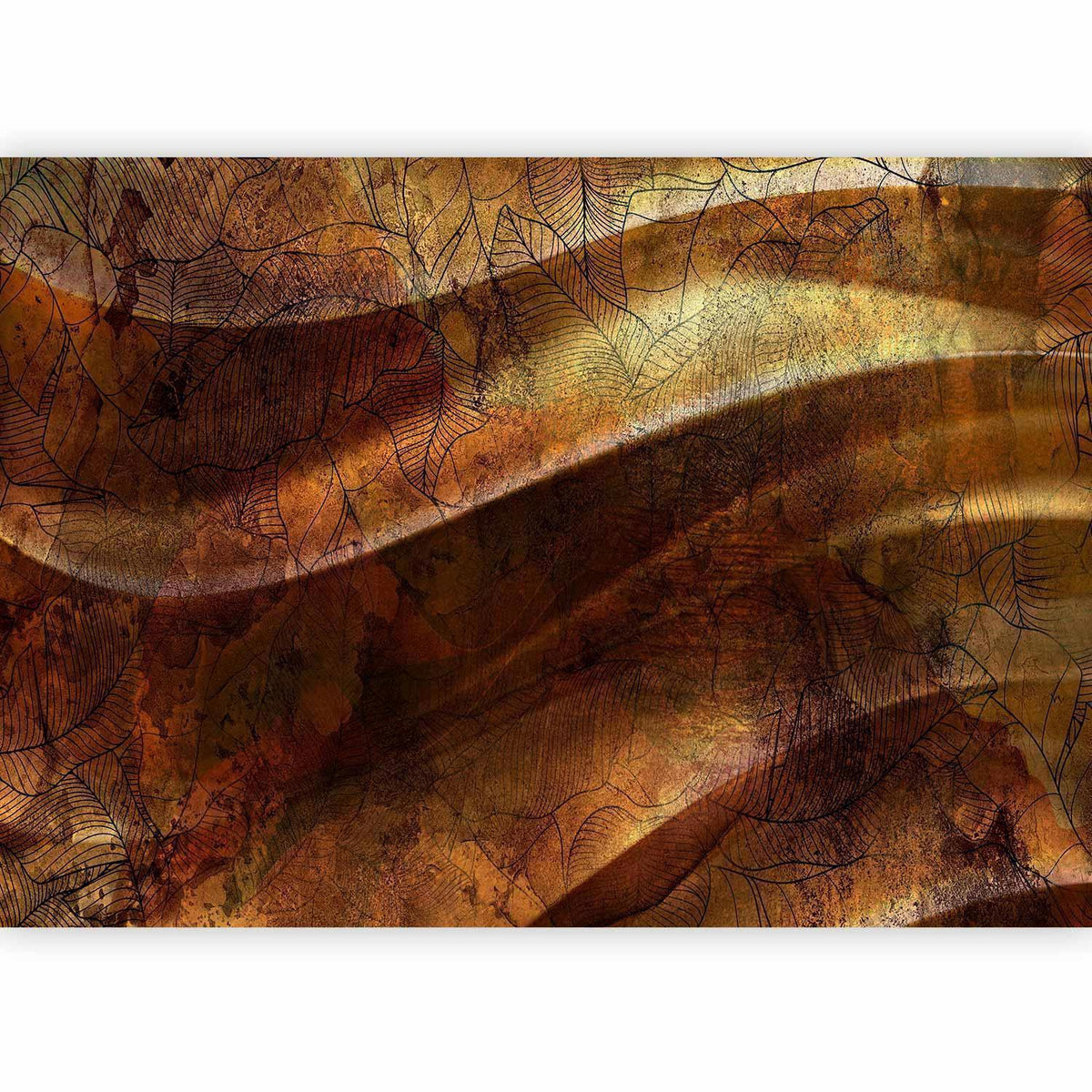 Fototapete - Liquid gold - abstract wavy composition with leaf patterns