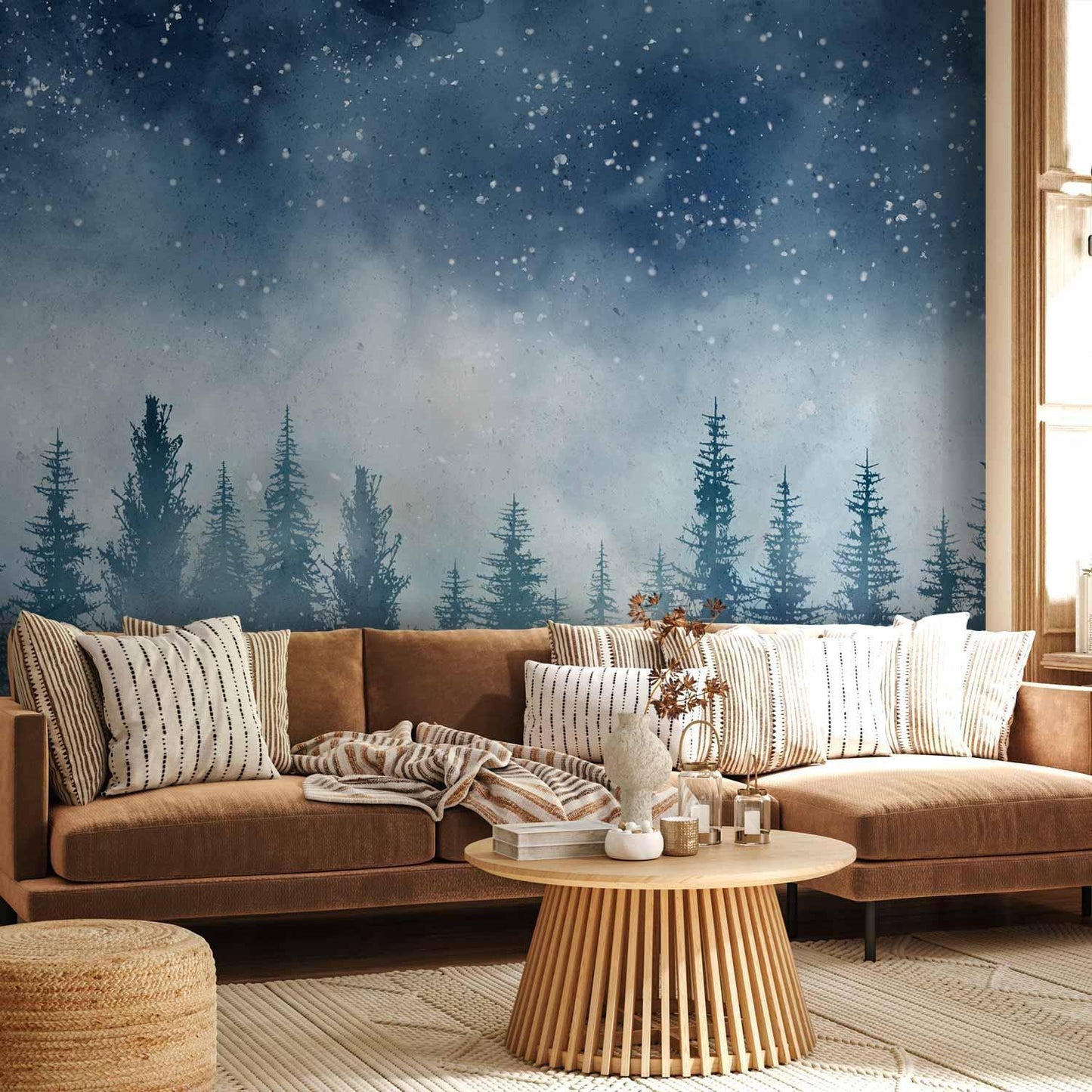Fototapete - Nachtlandschaft - eines nebligen Waldes mit Sternenhimmel Artgeist