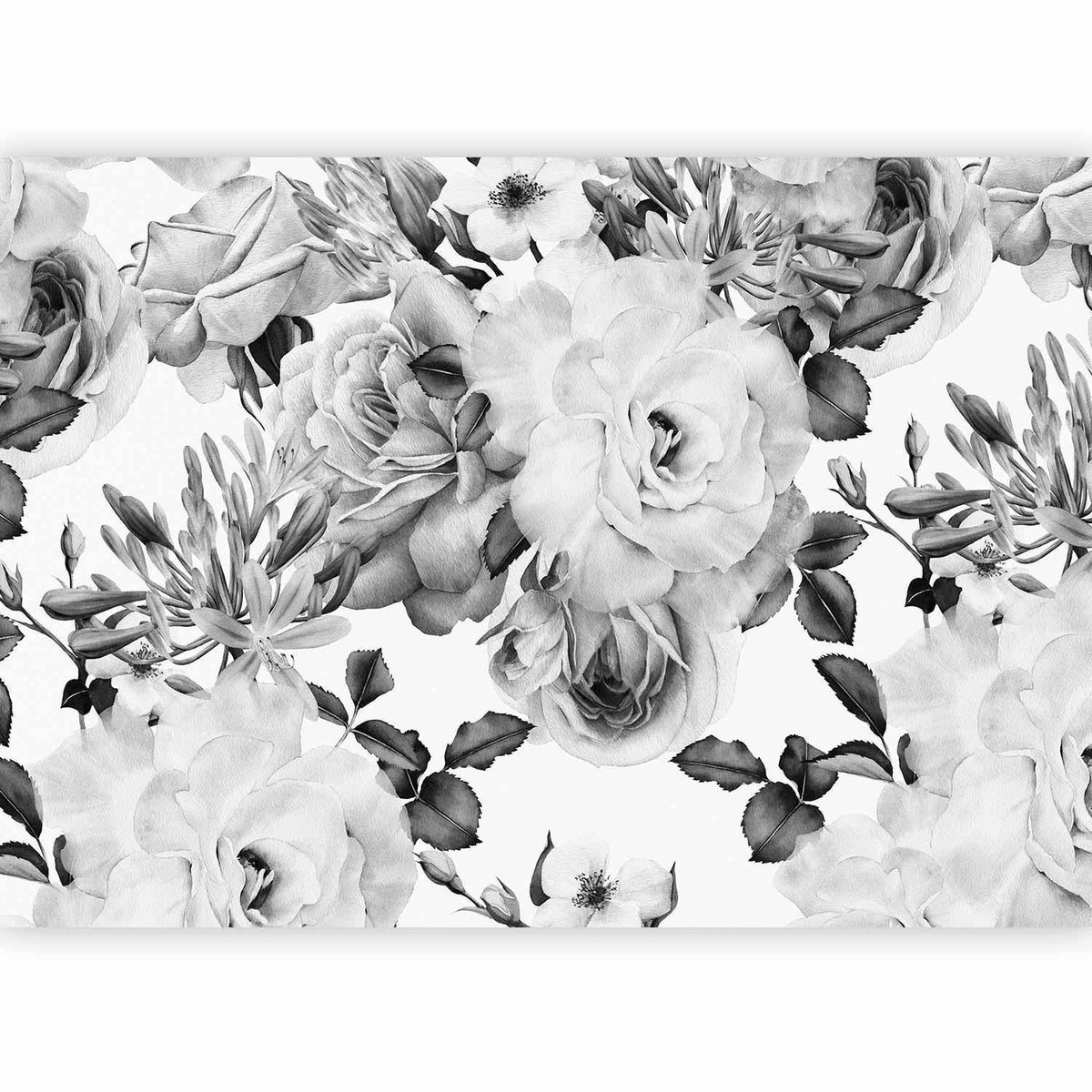 Fototapete Romantischer Garten – Schwarz-Weiß Blumenmuster