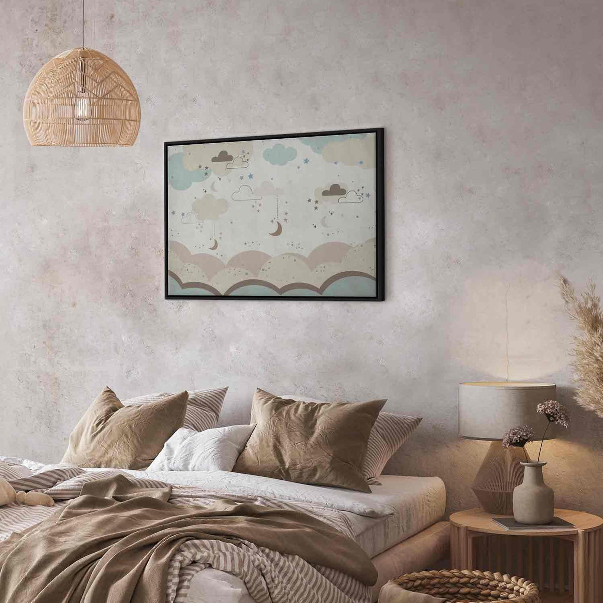 Leinwandbild - Cloudy Night Sky - Moons in Brown and Beige Hues Among Clouds and Numerous Little Stars on a Light Background