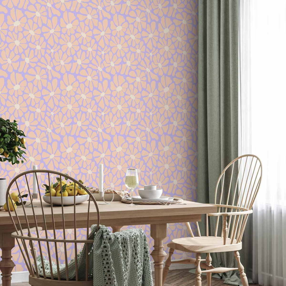 Tapete - Cute Light-Beige Little Flowers - Small flowers with beige - undulating petals on a blue background