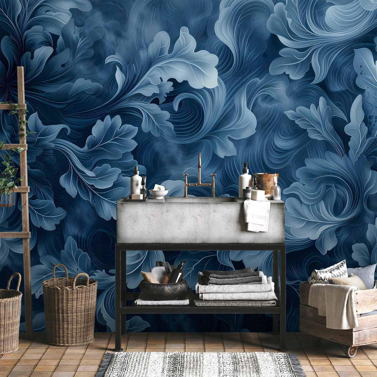 Fototapete - Abstract Ornaments: Dark Blue Victorian Leaves
