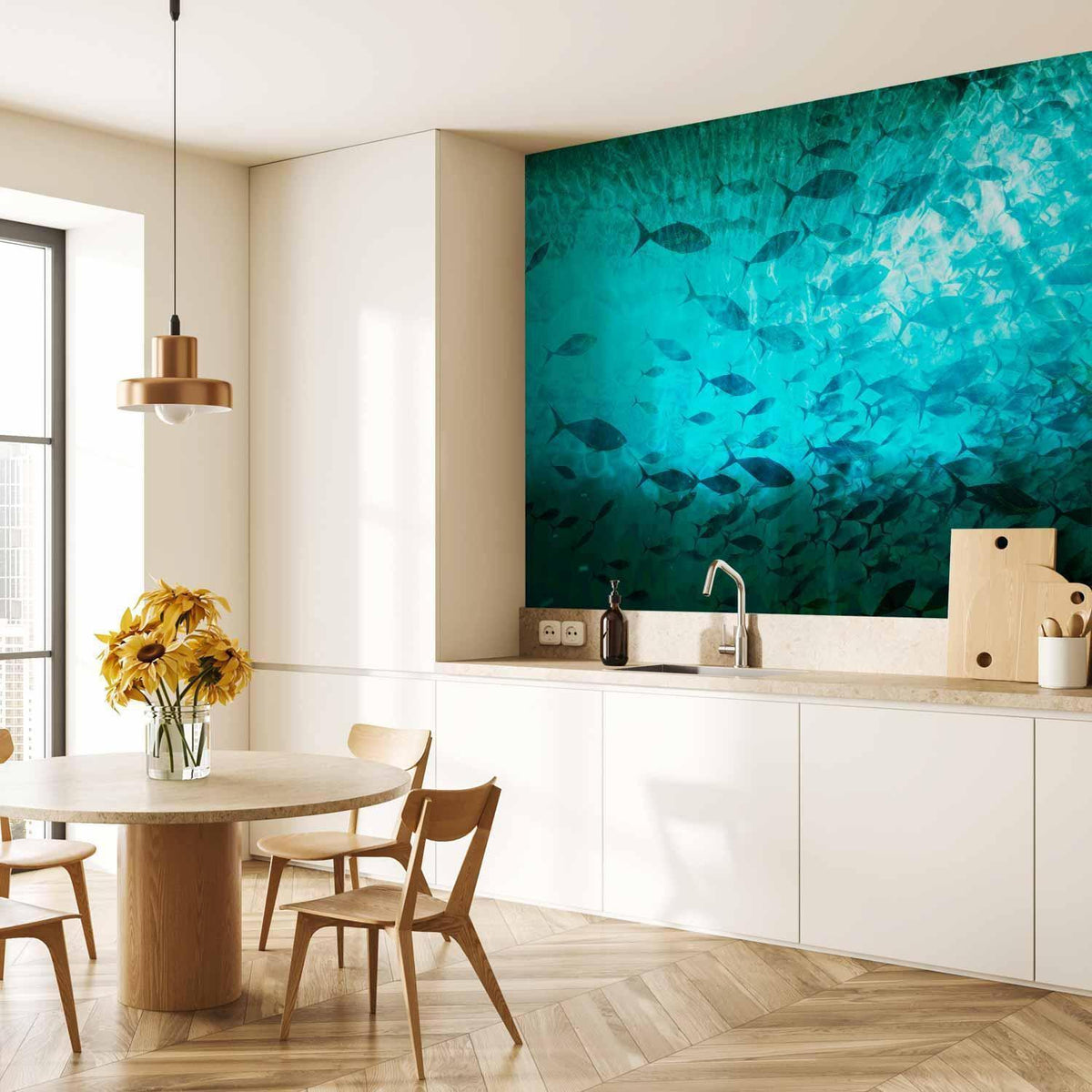Fototapete Dunkle Fische – Eleganter Schwarm in maritimer Atmosphäre
