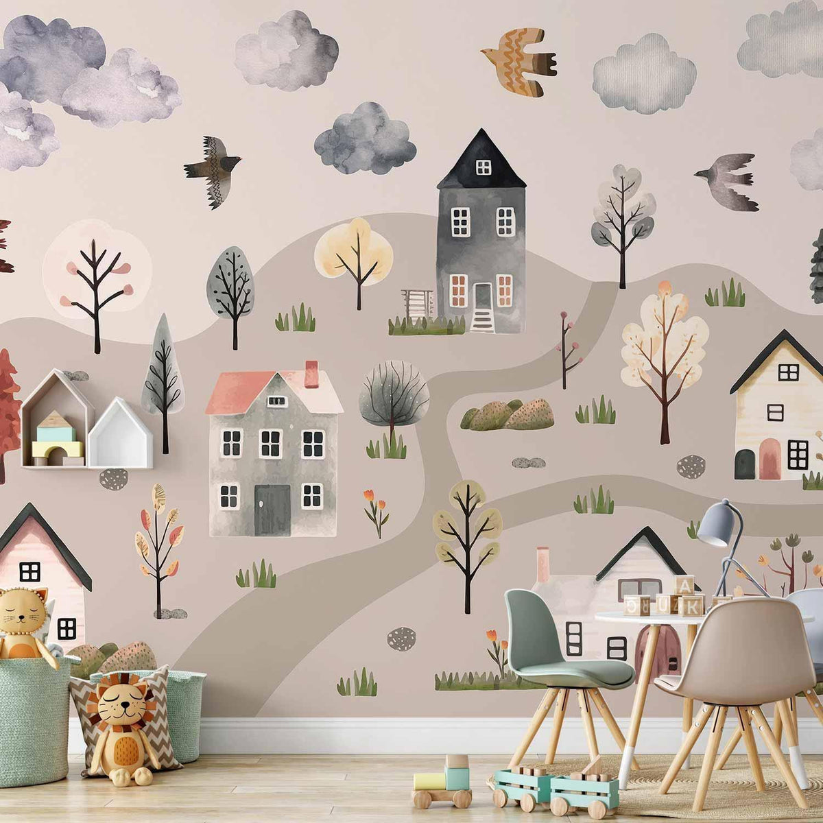 Skandinavisches Bergdorf Aquarell – Pastell Fototapete für Kinderzimmer