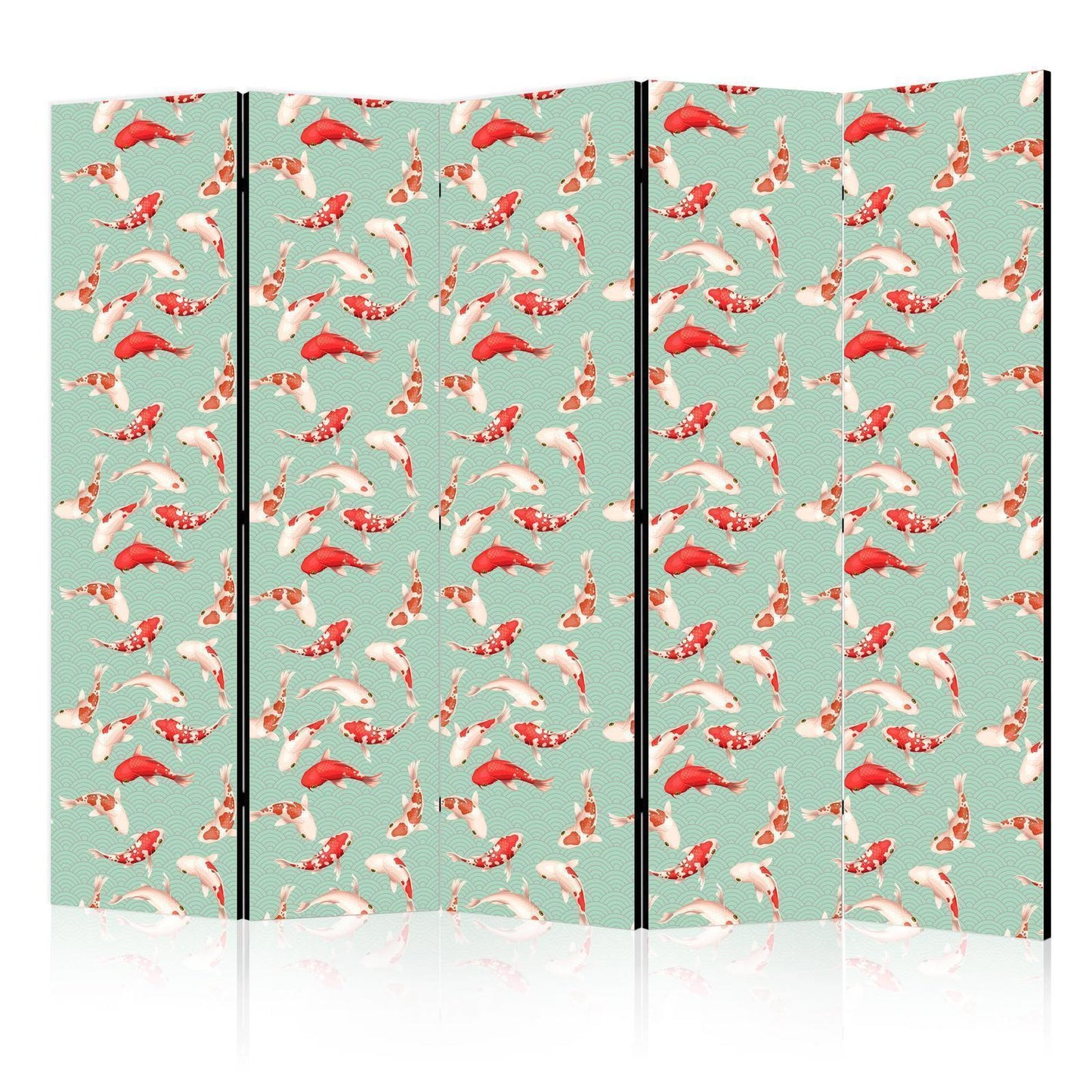 Paravent - Fish And Japanese Pattern - Koi Fish in Orange-Cream Colors on a Green-Mint Background With An Oriental Pattern Artgeist