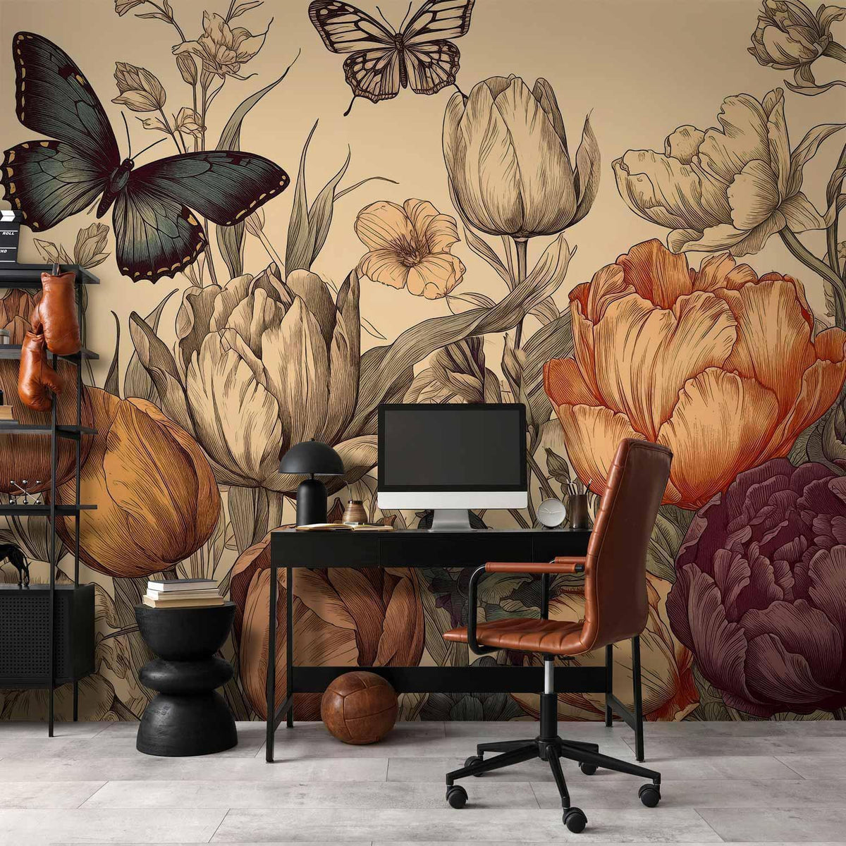 Fototapete Tulpen & Schmetterlinge – Botanische Vintage-Illustration auf Creme