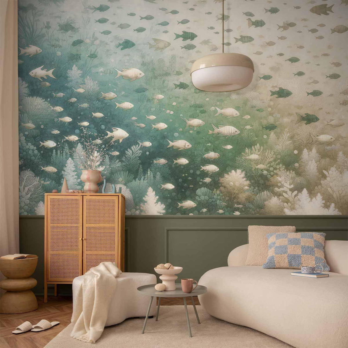 Fototapete Korallenriff – Fische und Meerespflanzen in Mintgrün