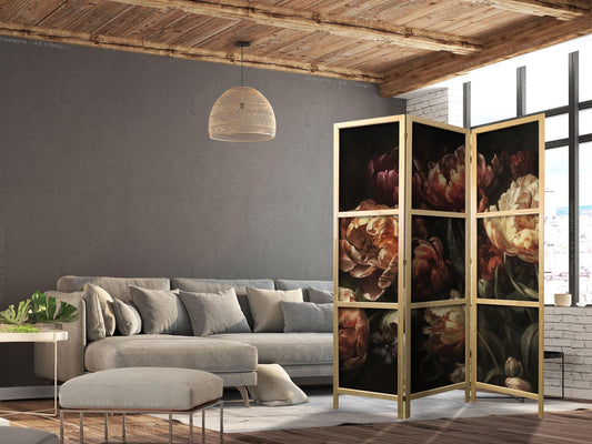 Japanischer Paravent - Magnificent Tulips - Bouquet of Flowers in Red and White on a Black Background