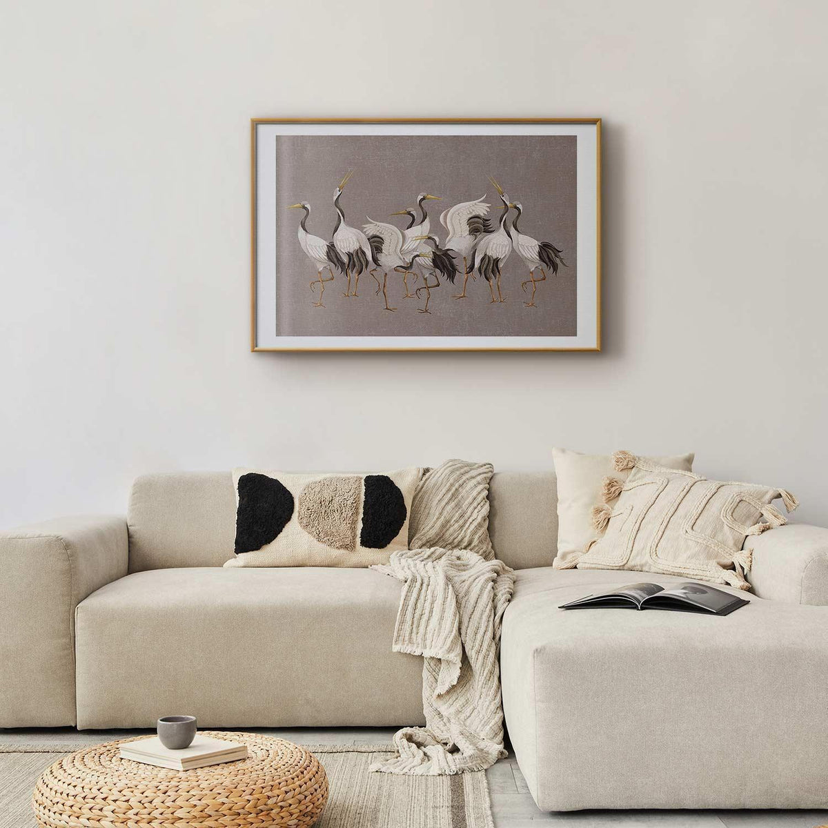 Poster - Crane Dance - light bird silhouettes on a warm-gray textured background
