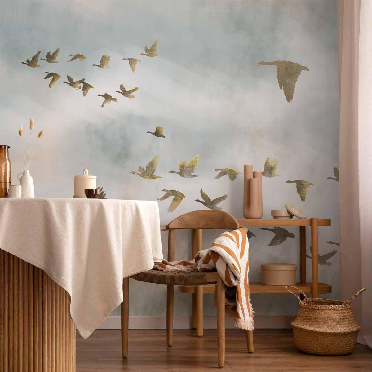 Fototapete Goldene Gänse - Elegante Illustration auf Beige