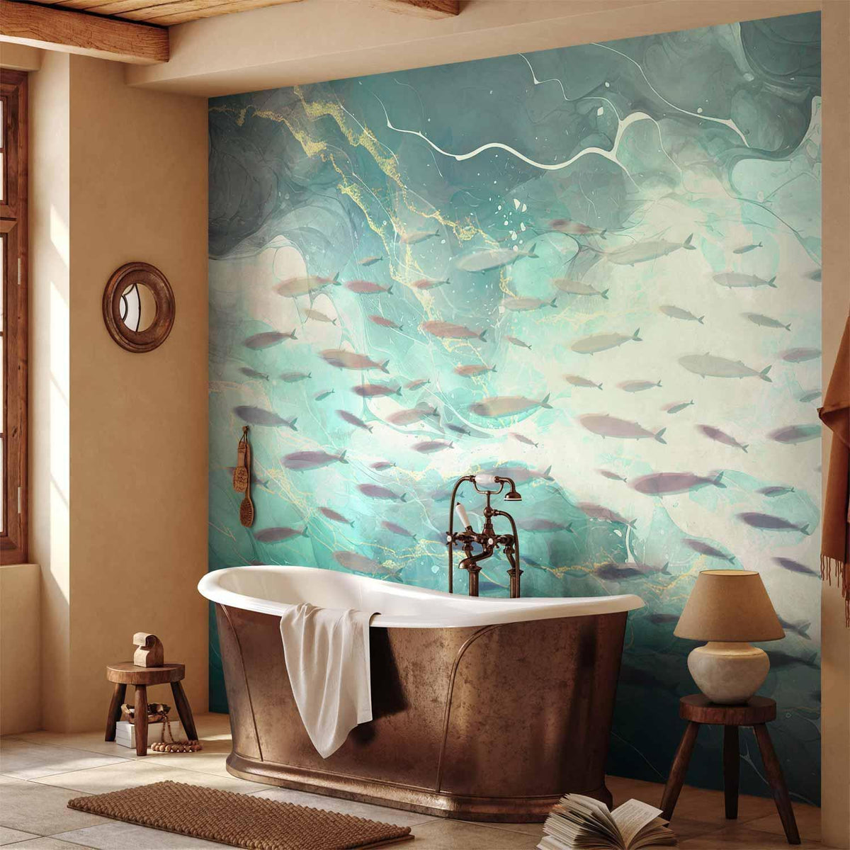 Fototapete Fischschwarm – Elegante Unterwasserwelt im japanischen Stil