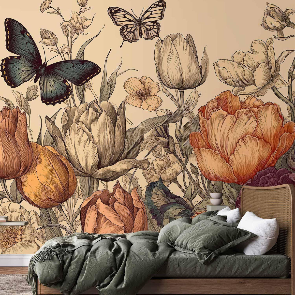 Fototapete Tulpen & Schmetterlinge – Botanische Vintage-Illustration auf Creme