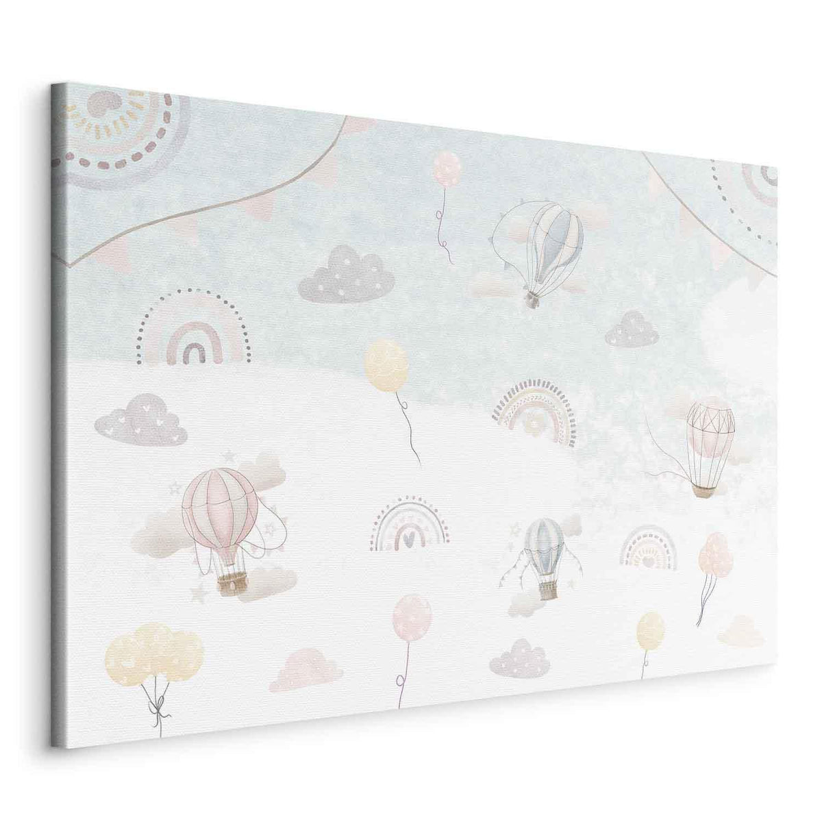 Leinwandbild - Sky with Balloons - Balloons in Subdued Colors Flying in the Sky Among Clouds Rainbows and Stars