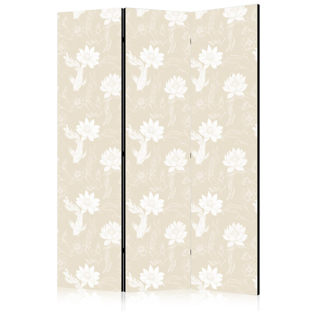 Paravent - Fish and Water Lilies - Bright Oriental Fish Swimming Among Water Flowers on a Delicate Sand-Beige Background