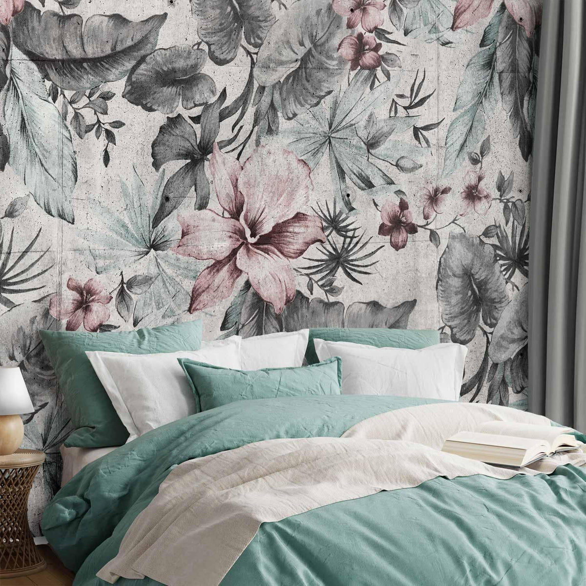 Fototapete Pflanzen im Retro-Stil – Blumen und Blätter in Grautönen