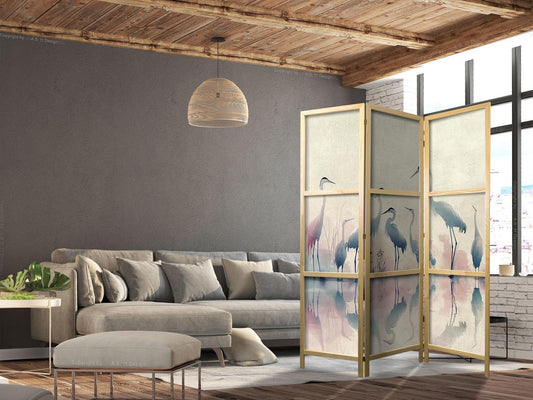 Japanischer Paravent - Birds by the lake – herons painted in watercolours in delicate grey and pink colours
