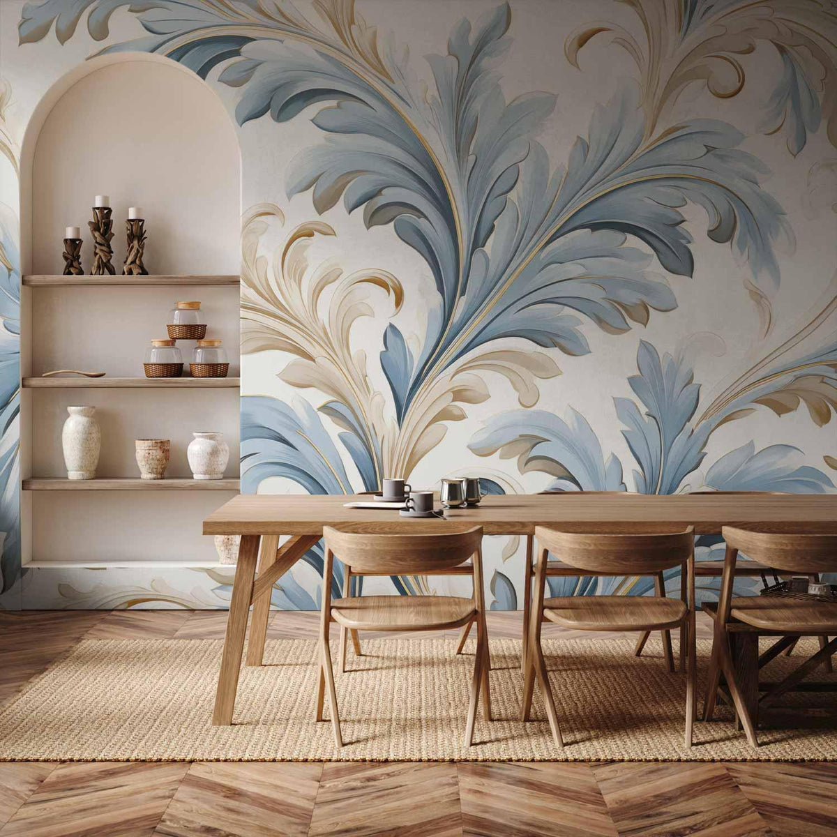 Fototapete - Baroque Ornaments in Light Cream-Blue Hues