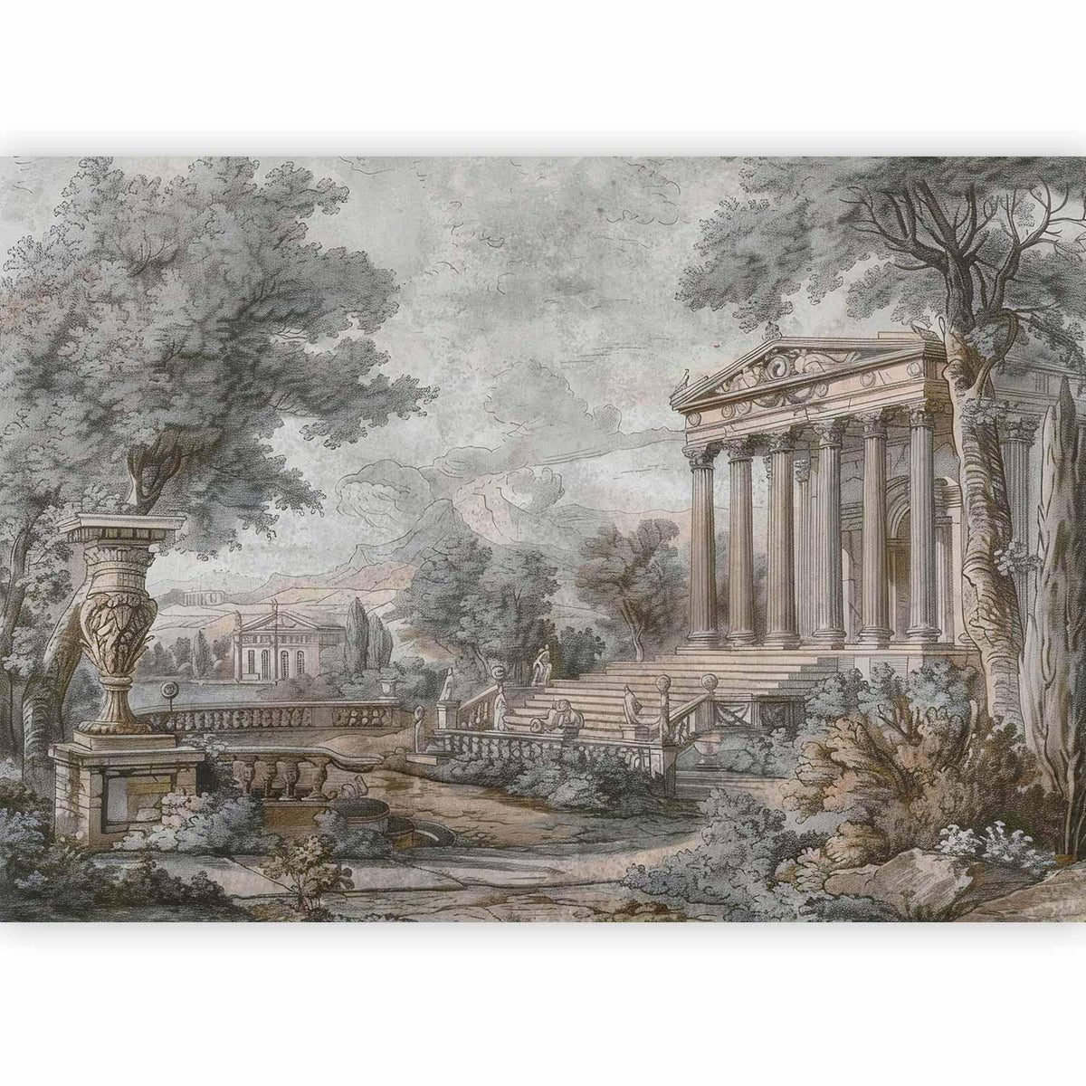Fototapete Griechischer Tempel – Antike Landschaft im Kupferstich-Stil