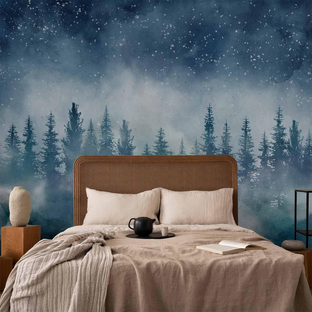 Fototapete - Night landscape - landscape of a misty forest at night with a starry sky