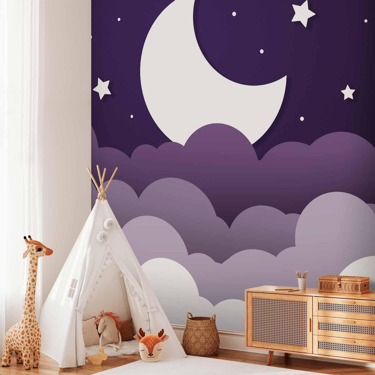 Fototapete - Moon dream - clouds in a purple sky with stars for children