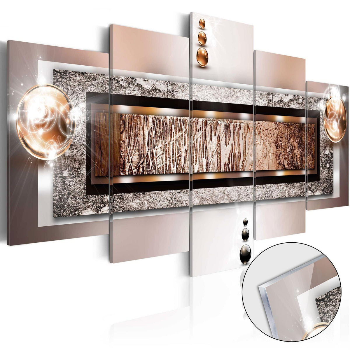 Wandbild Zimtbraune Abstraktion – 5-teiliges Acrylglasbild in Braun und Silber