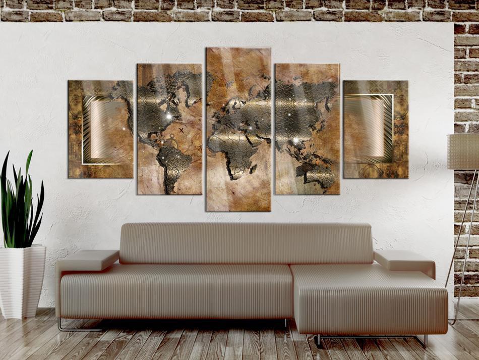 Wandbild Weltkarte Bronze Gold – 5-teiliges Acrylglasbild in Metalloptik