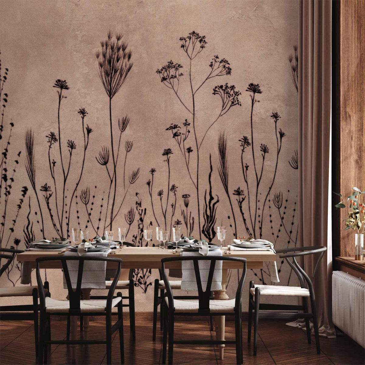 Fototapete Wildblumen – Botanische Silhouetten auf Hellbraun