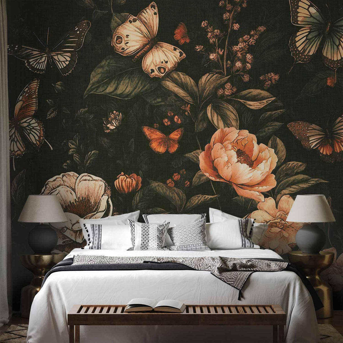 Fototapete Dunkle Pfingstrosen – Schmetterlinge und Blüten im Dutch-Masters-Stil
