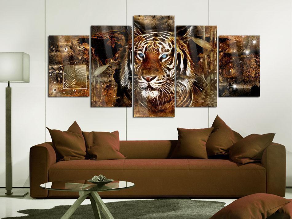 Wandbild Goldener Dschungel – 5-teiliges Acrylglasbild mit Tiger