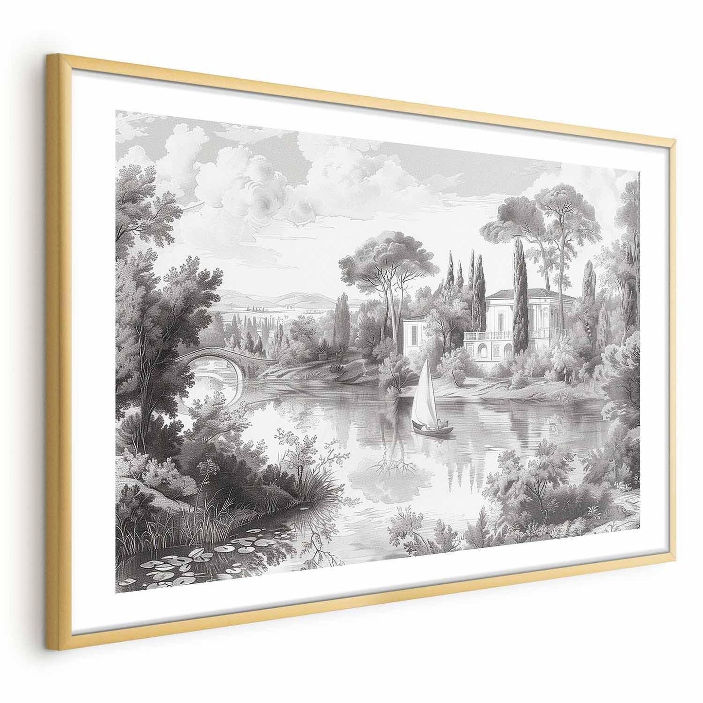 Poster - Black-and-White Vintage Landscape with a Pond Artgeist